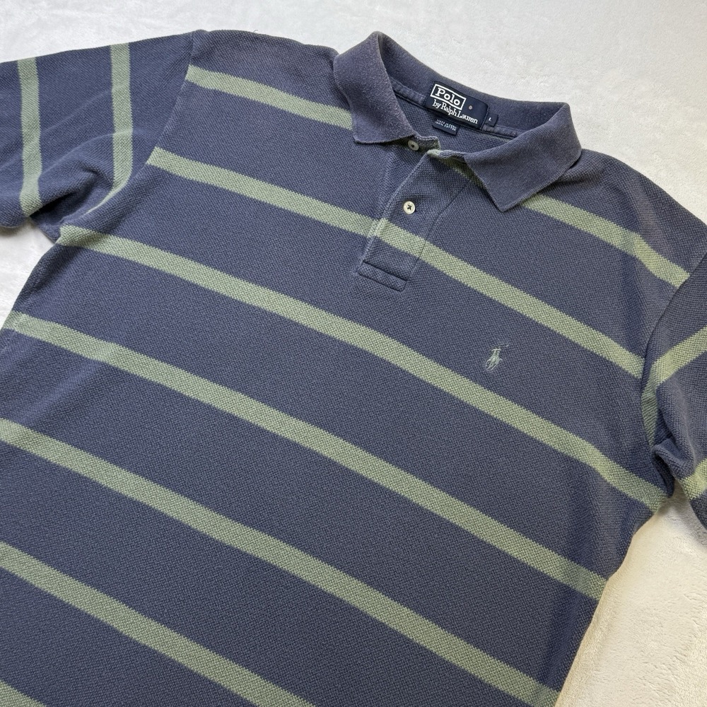 Vintage Polo Ralph Lauren Striped Polo Shirt Blue Green Pony Peru L